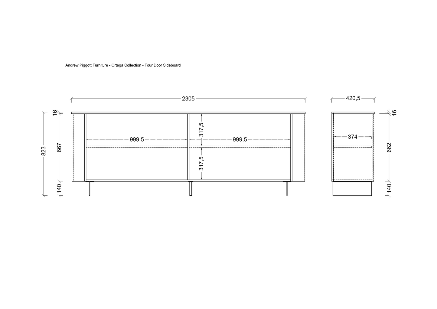 Technical dimension drawing of an Andrea Piguet Furniture - Omega Collection - Four Door Sideboard, showing front and side profile measurements with line indicators on a white background.