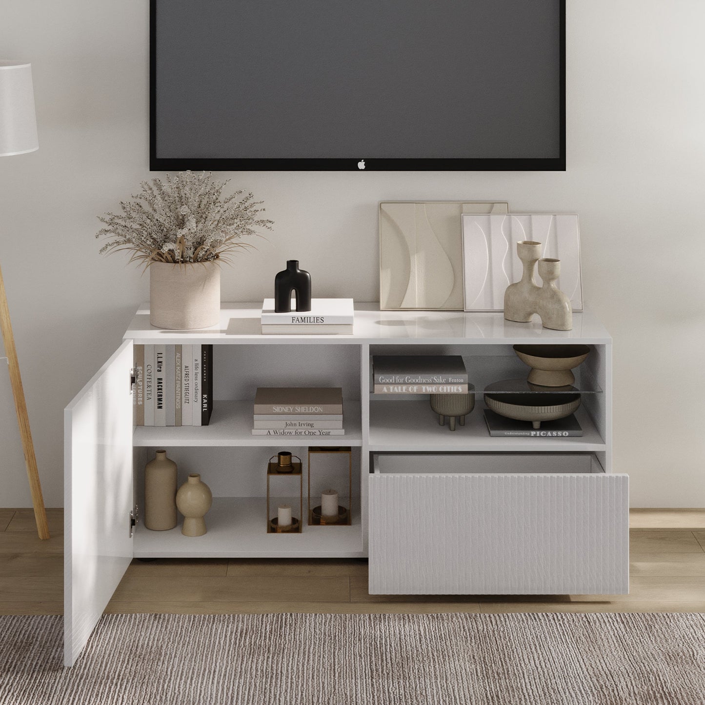 Raveena TV Stand, One Door, One Drawer - Gloss White Finish