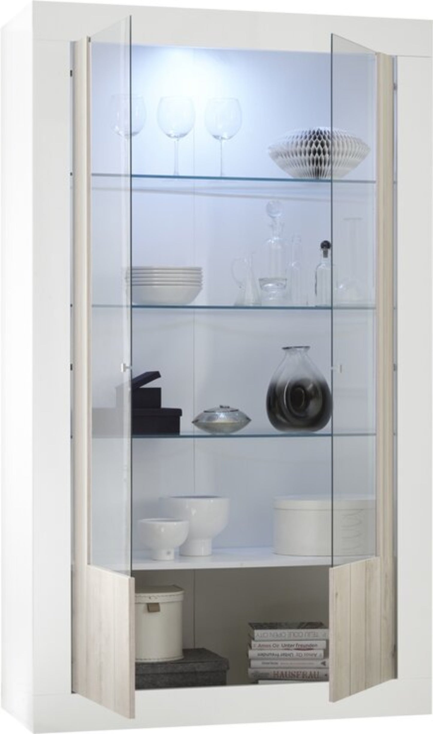 Como Display Cabinet, Two Glass Doors, Optional LED Spotlight - White Gloss and Grey Finish