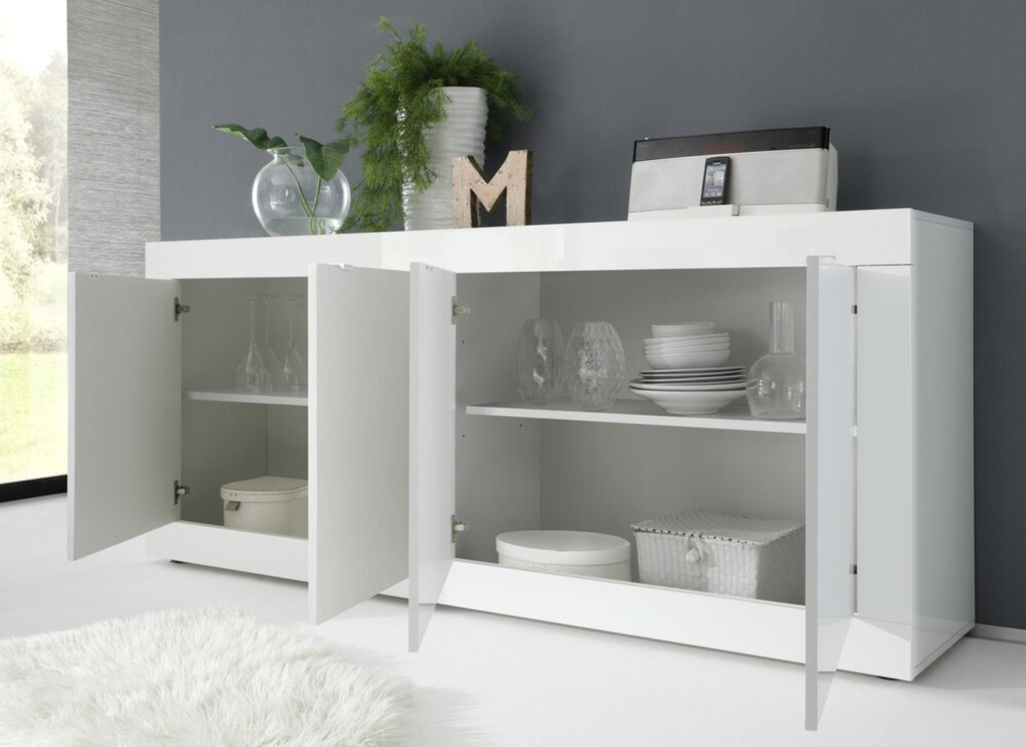 Urbino Sideboard, Four Door - White Gloss Finish