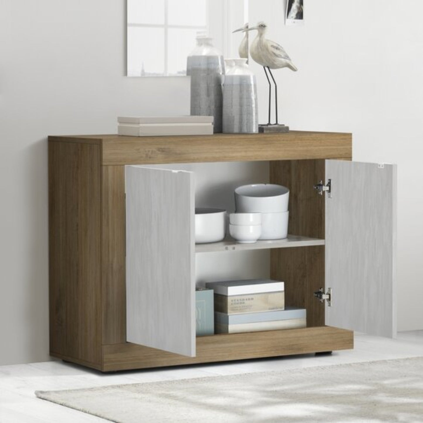 Urbino Sideboard, Two Door - Dark Oak and Matt White Finish