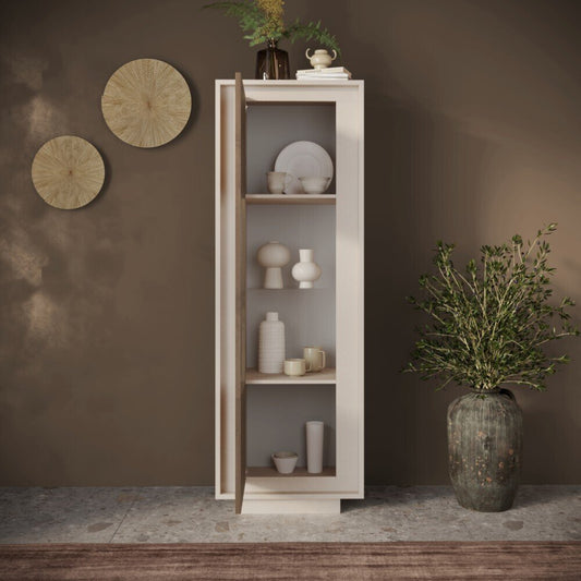 Luna One Door Display Vitrine - Cashmere Taupe and Mercure Oak Finish