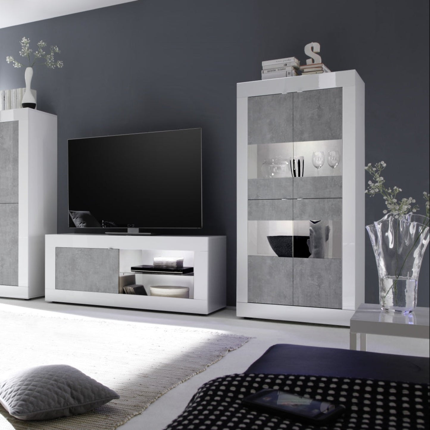 Urbino Display Cabinet, Four Glass Doors - Gloss White and Grey Finish