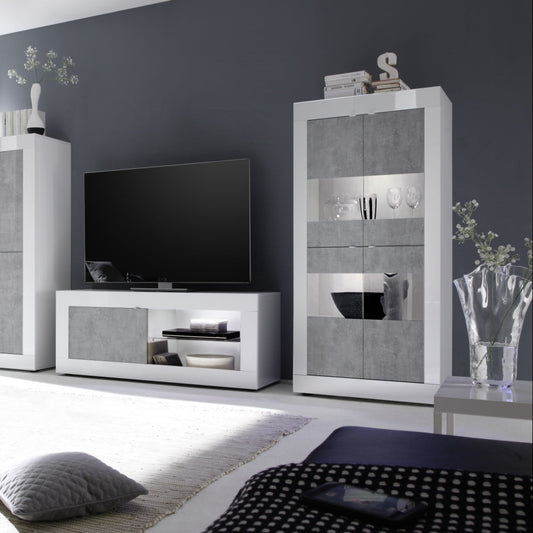 Urbino Display Cabinet, Four Glass Doors - Gloss White and Grey Finish