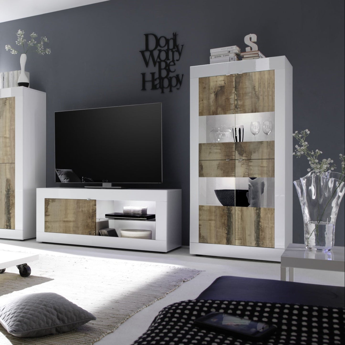 Urbino Display Cabinet, Four Glass Doors - Gloss White and Natural Finish