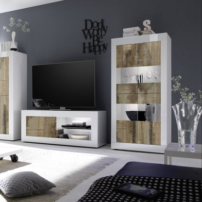 Urbino Display Cabinet, Four Glass Doors - Gloss White and Natural Finish