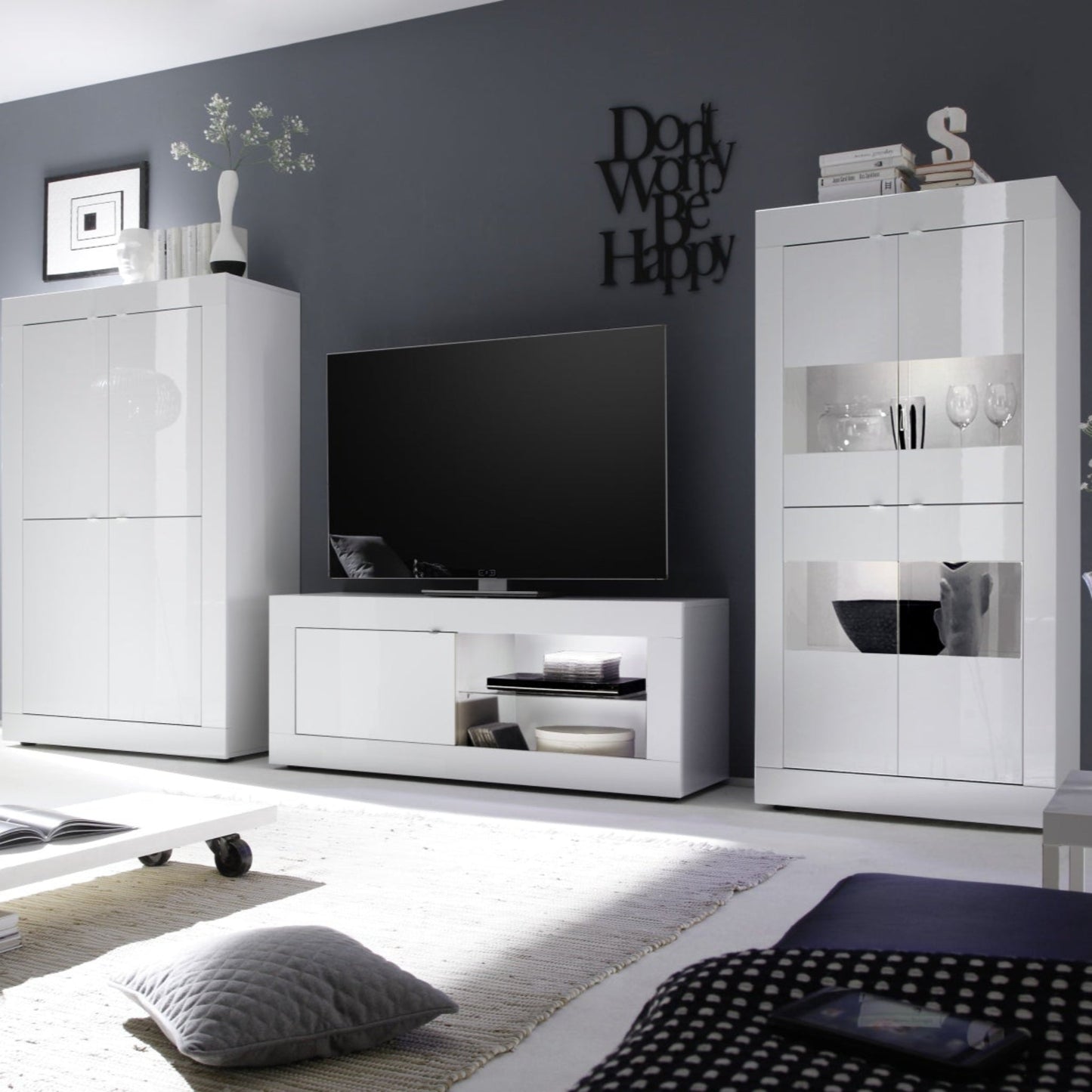 Urbino Display Cabinet, Four Glass Doors, Optional LED Spotlight - Gloss White Finish