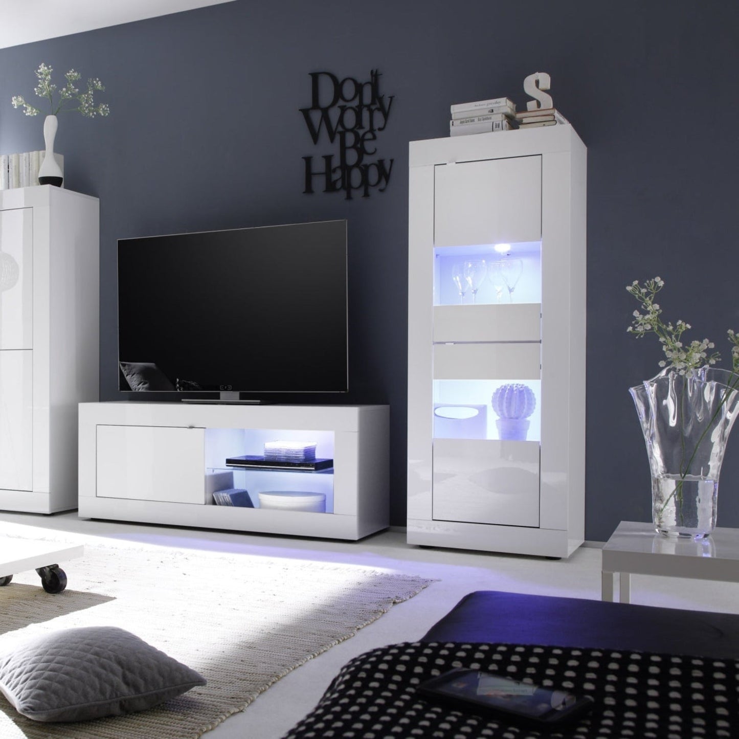 Urbino Display Cabinet, Two Glass Doors, Optional LED Spotlight  - White Gloss Finish