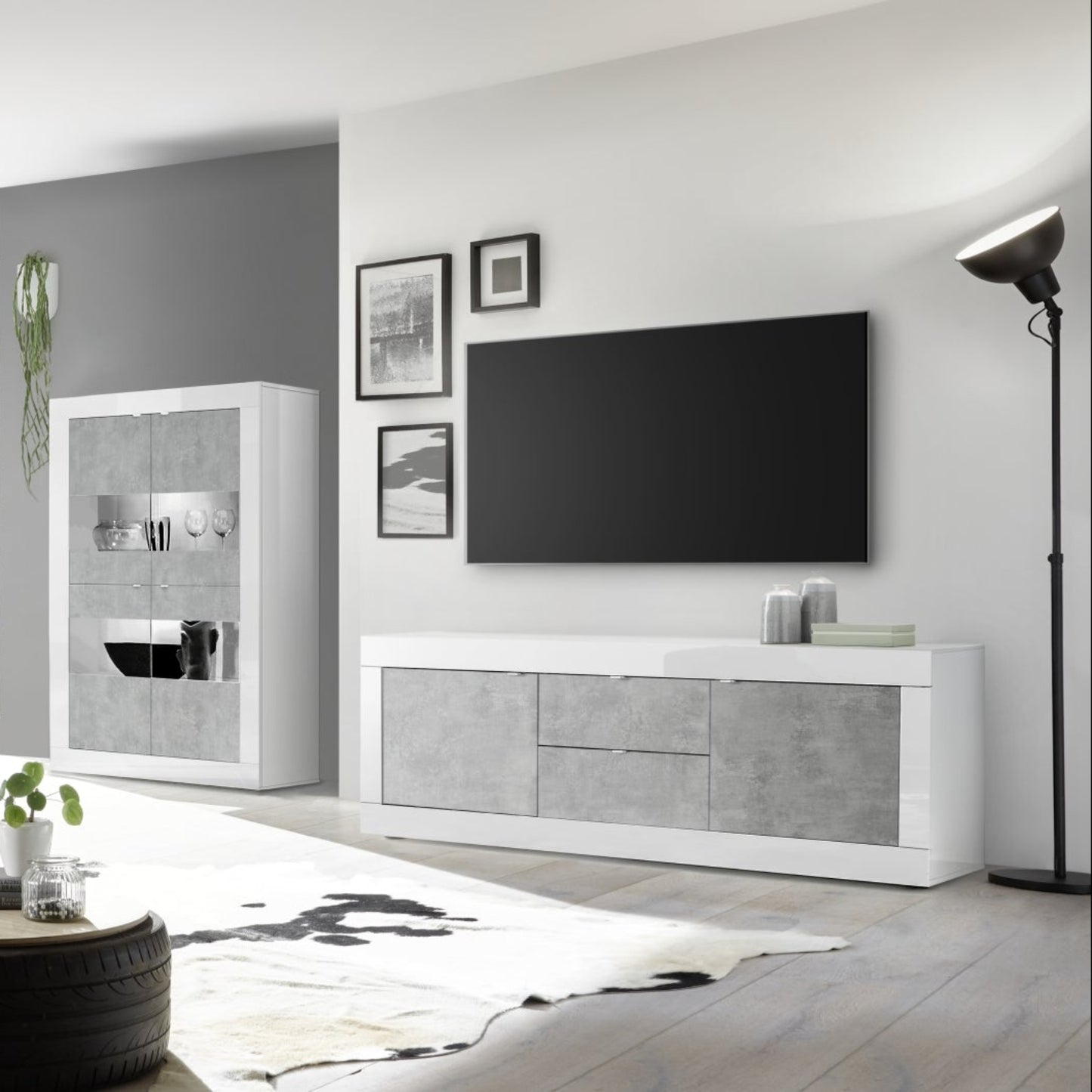 Urbino Low Sideboard, Two Doors, Two Drawers - White Gloss and Grey Finish