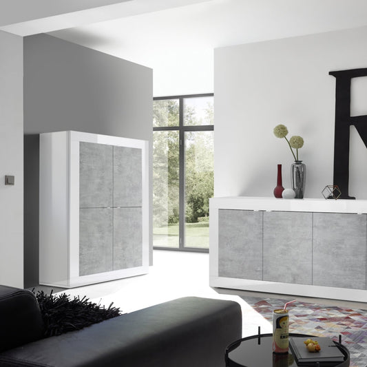Urbino High Sideboard, Four Doors - Gloss White and Grey Finish