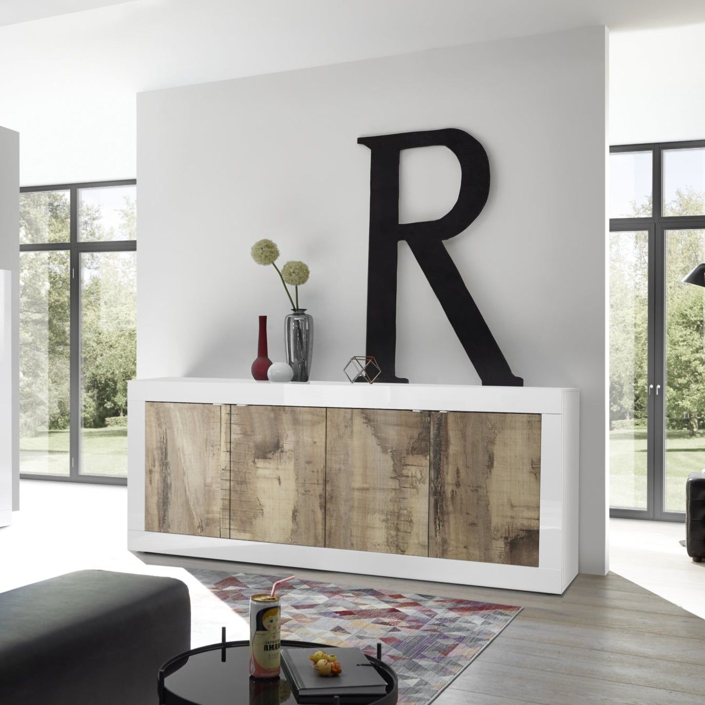 Urbino Sideboard, Four Door - White Gloss and Natural Finish