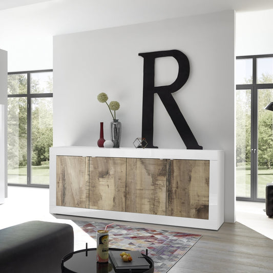Urbino Sideboard, Four Door - White Gloss and Natural Finish