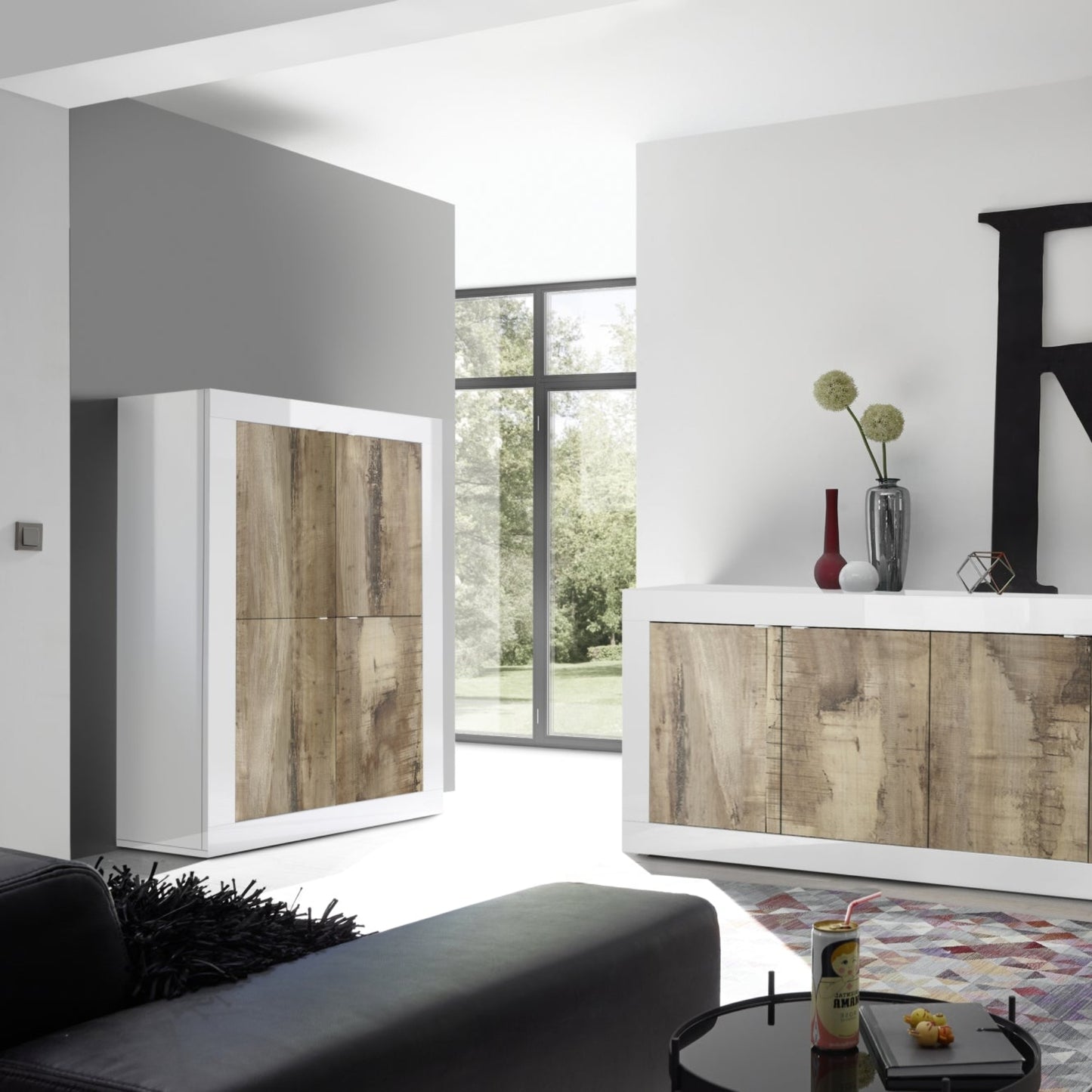 Urbino High Sideboard, Four Doors - Gloss White and Natural Finish