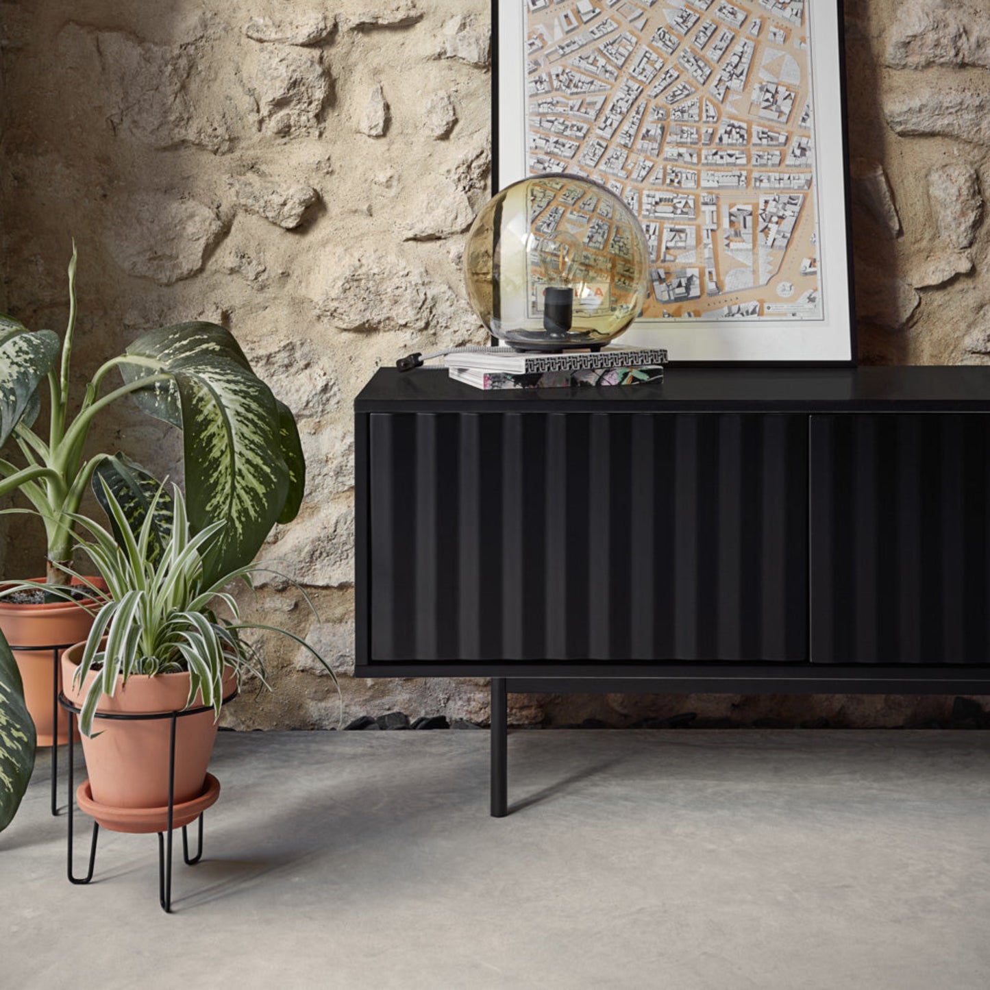 Sierra TV Stand, Two Door, One Drop Down Flap with AV Access, Three Shelves, Wood with Metal Frame - Matt Black Finish