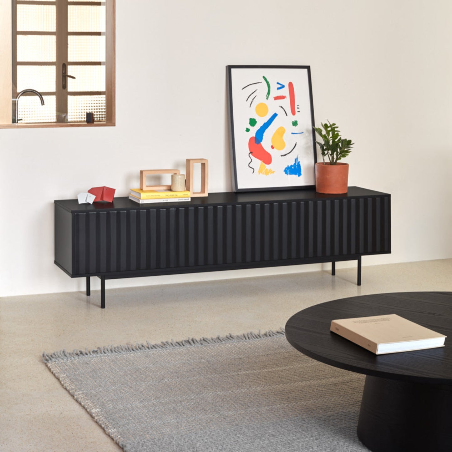 Sierra TV Stand, Two Door, One Drop Down Flap with AV Access, Three Shelves, Wood with Metal Frame - Matt Black Finish
