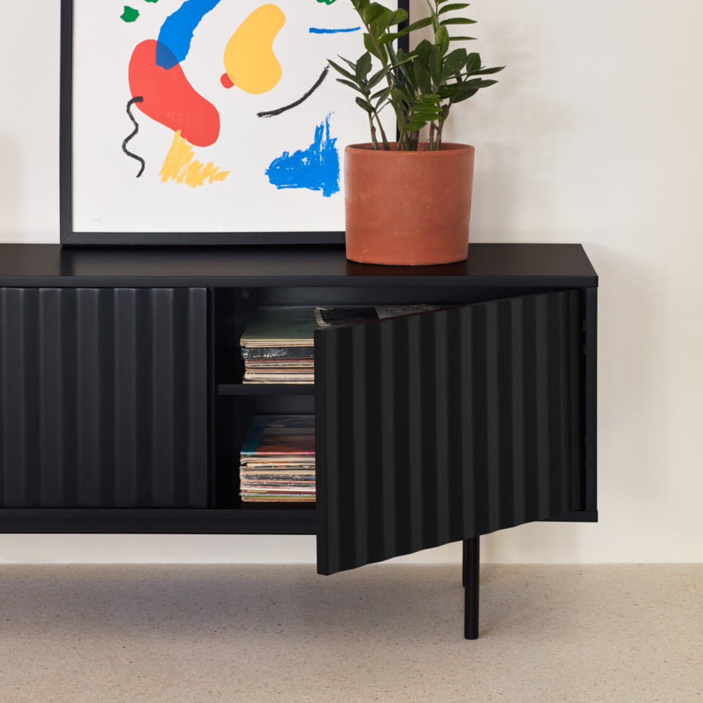 Sierra TV Stand, Two Door, One Drop Down Flap with AV Access, Three Shelves, Wood with Metal Frame - Matt Black Finish