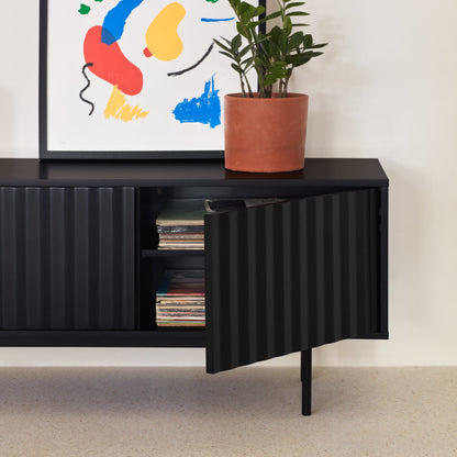 Sierra TV Stand, Two Door, One Drop Down Flap with AV Access, Three Shelves, Wood with Metal Frame - Matt Black Finish