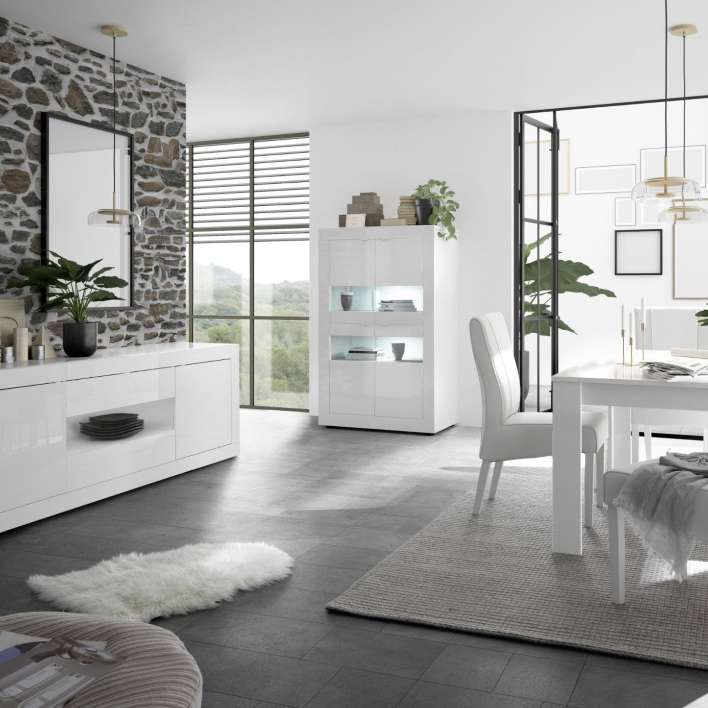 Urbino Display Cabinet, Four Glass Doors, Optional LED Spotlight - Gloss White Finish