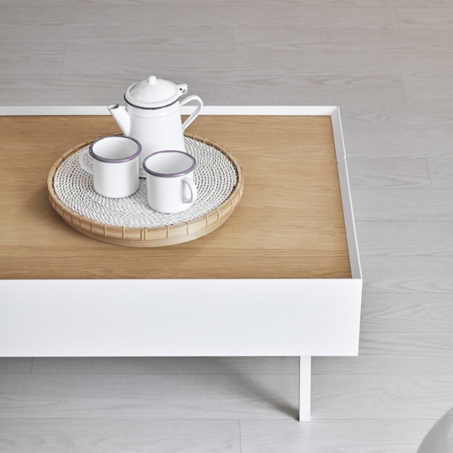 Arista Coffee Table, Rectangular, Two Drawer - Matt White and Light Oak Finish