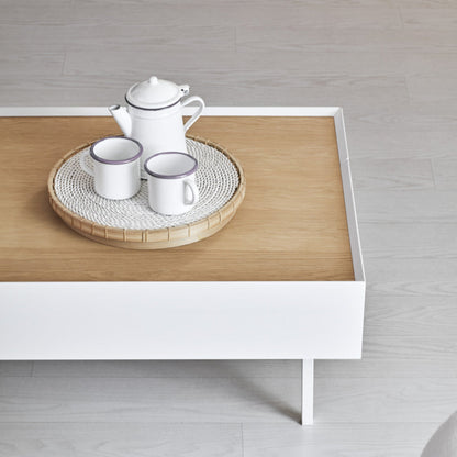 Arista Coffee Table, Rectangular, Two Drawer - Matt White and Light Oak Finish