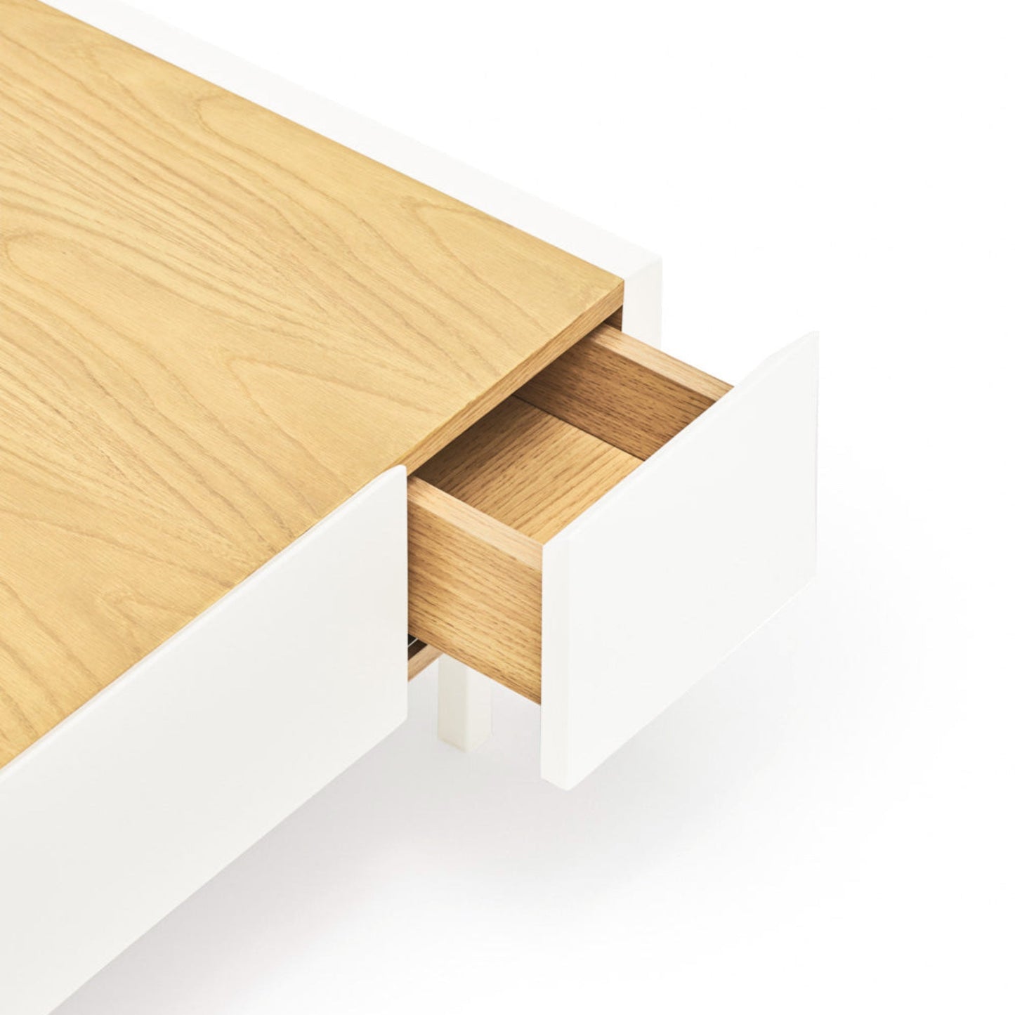 Arista Coffee Table, Rectangular, Two Drawer - Matt White and Light Oak Finish