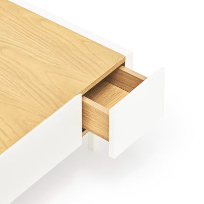 Arista Coffee Table, Rectangular, Two Drawer - Matt White and Light Oak Finish