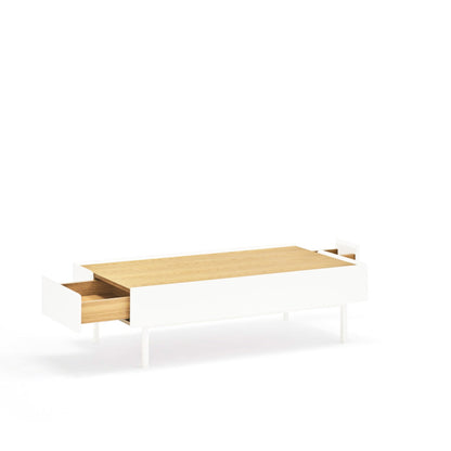 Arista Coffee Table, Rectangular, Two Drawer - Matt White and Light Oak Finish