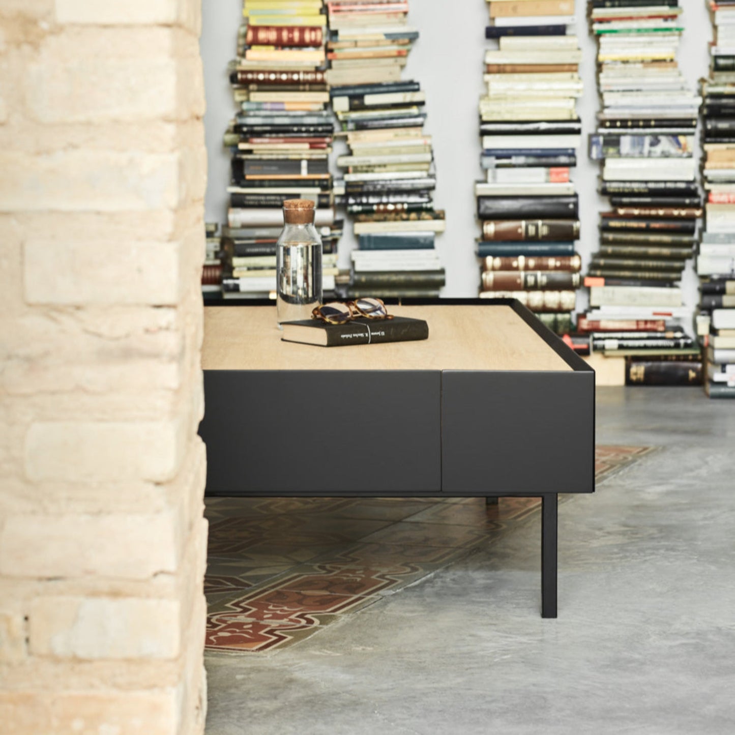 Arista Coffee Table, Rectangular, Two Drawer - Matt Black and Light Oak Finish