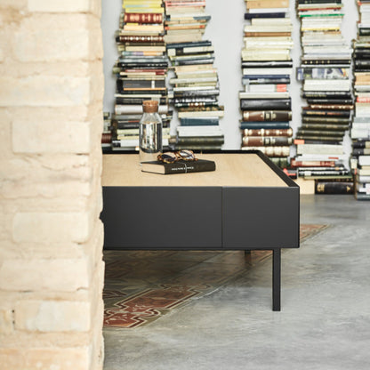 Arista Coffee Table, Rectangular, Two Drawer - Matt Black and Light Oak Finish