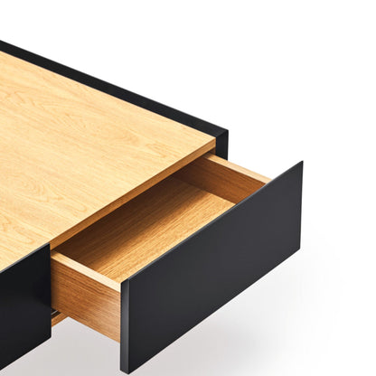 Arista Coffee Table, Rectangular, Two Drawer - Matt Black and Light Oak Finish