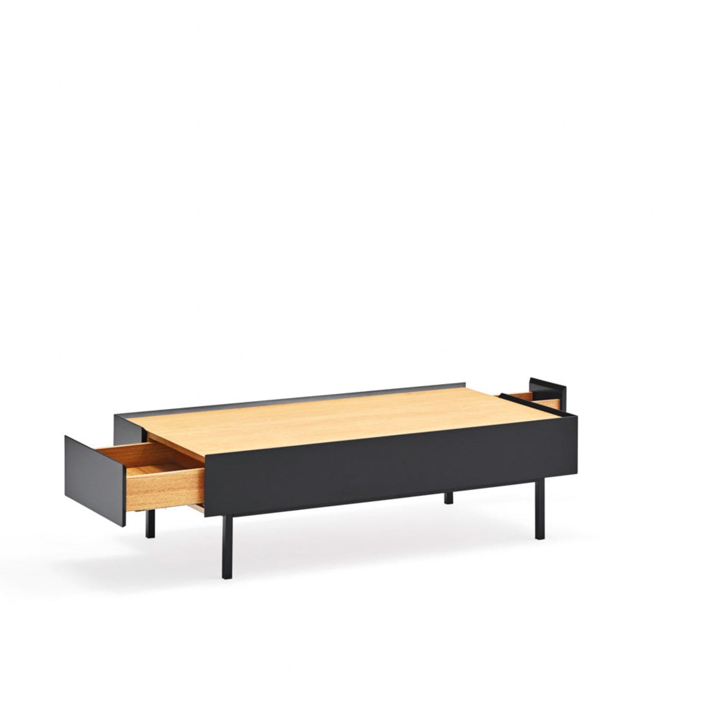 Arista Coffee Table, Rectangular, Two Drawer - Matt Black and Light Oak Finish