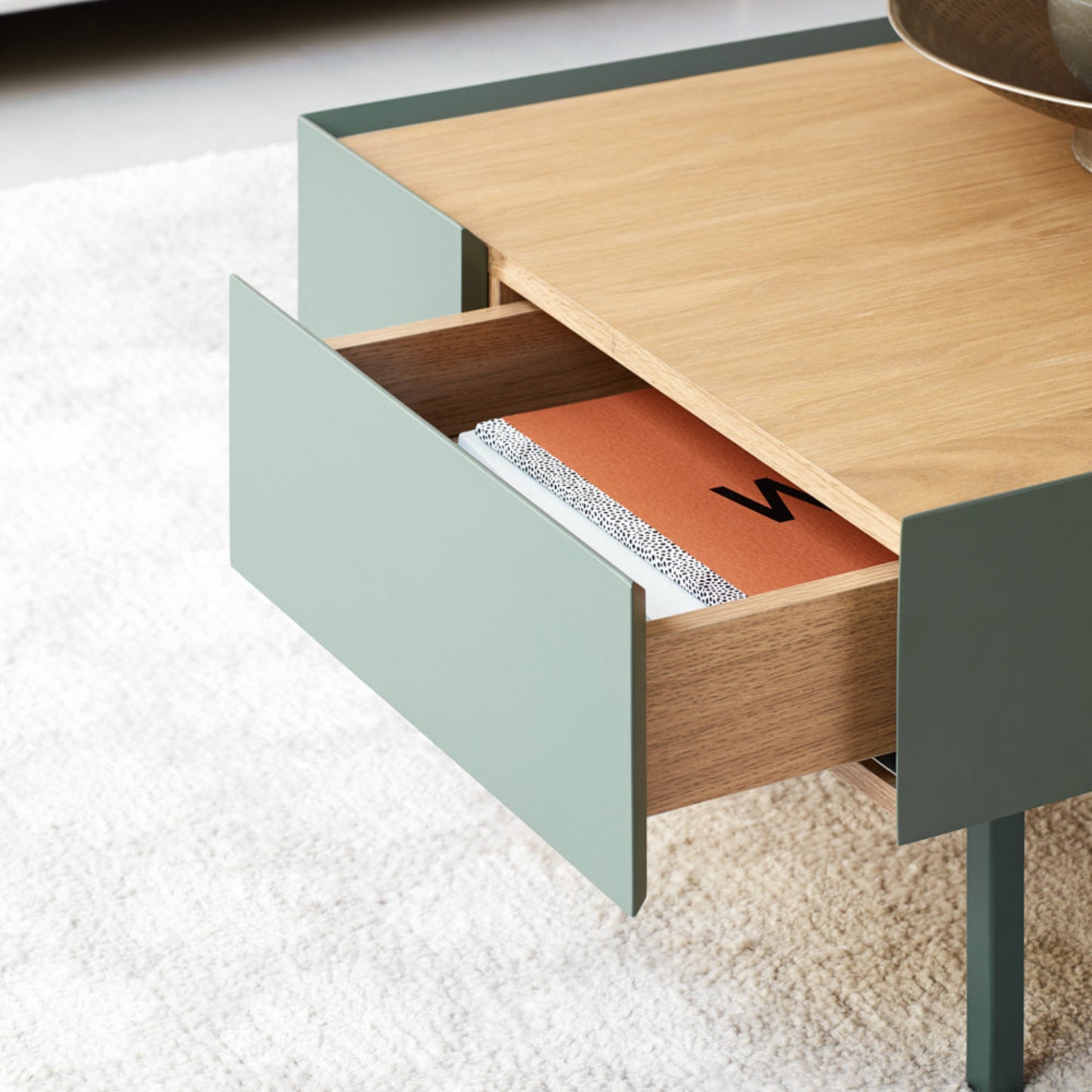 Arista Coffee Table, Rectangular, Two Drawer - Matt Green and Light Oak Finish