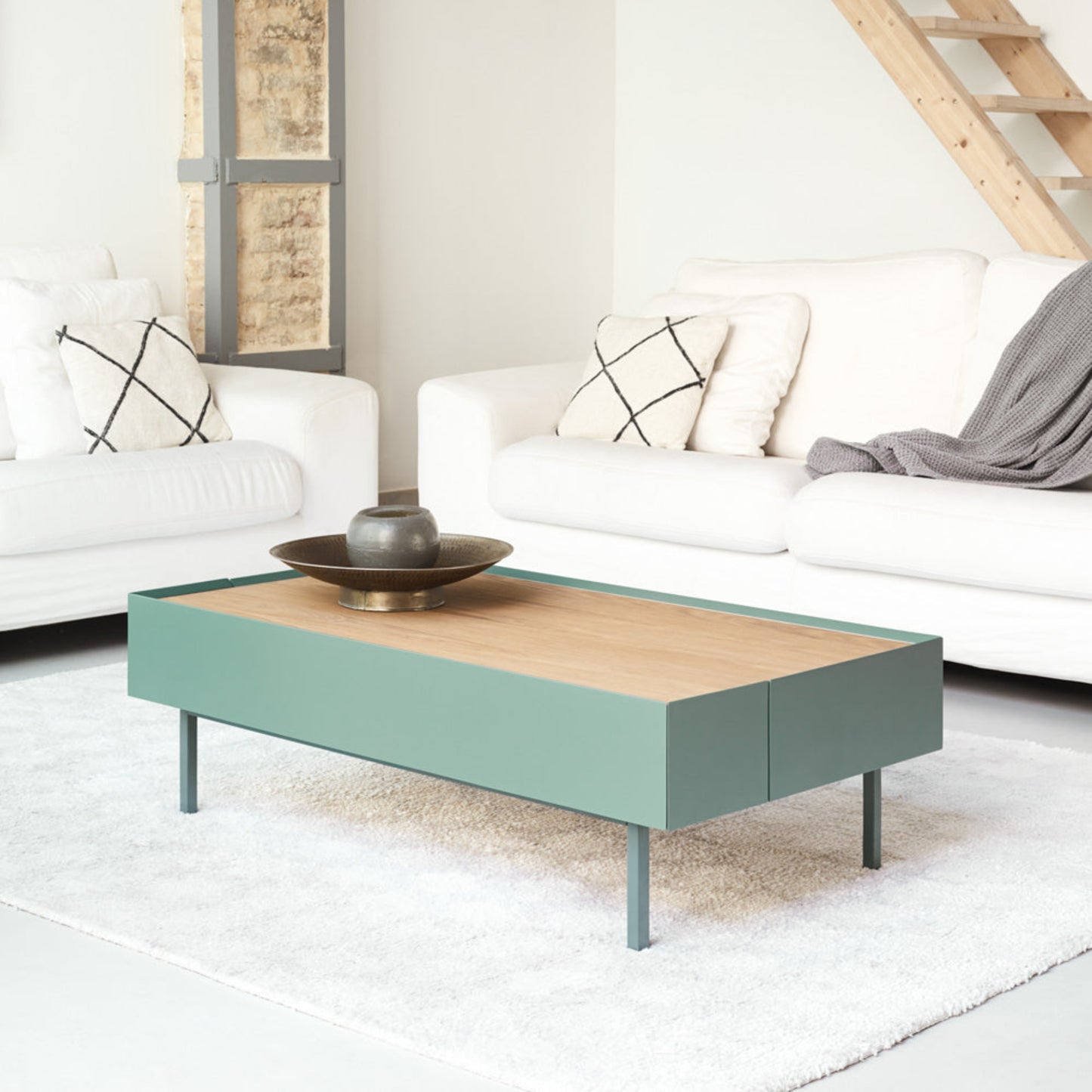 Arista Coffee Table, Rectangular, Two Drawer - Matt Green and Light Oak Finish