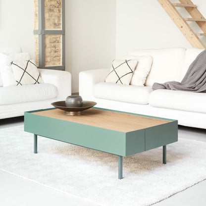 Arista Coffee Table, Rectangular, Two Drawer - Matt Green and Light Oak Finish