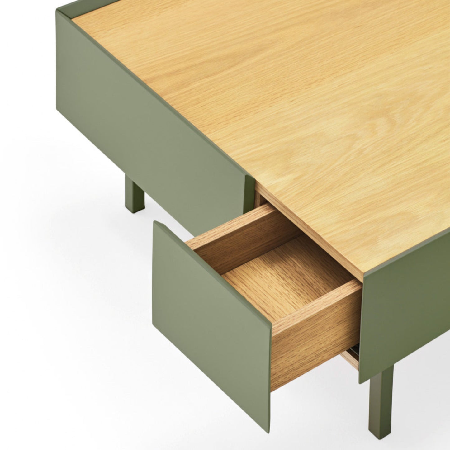 Arista Coffee Table, Rectangular, Two Drawer - Matt Green and Light Oak Finish