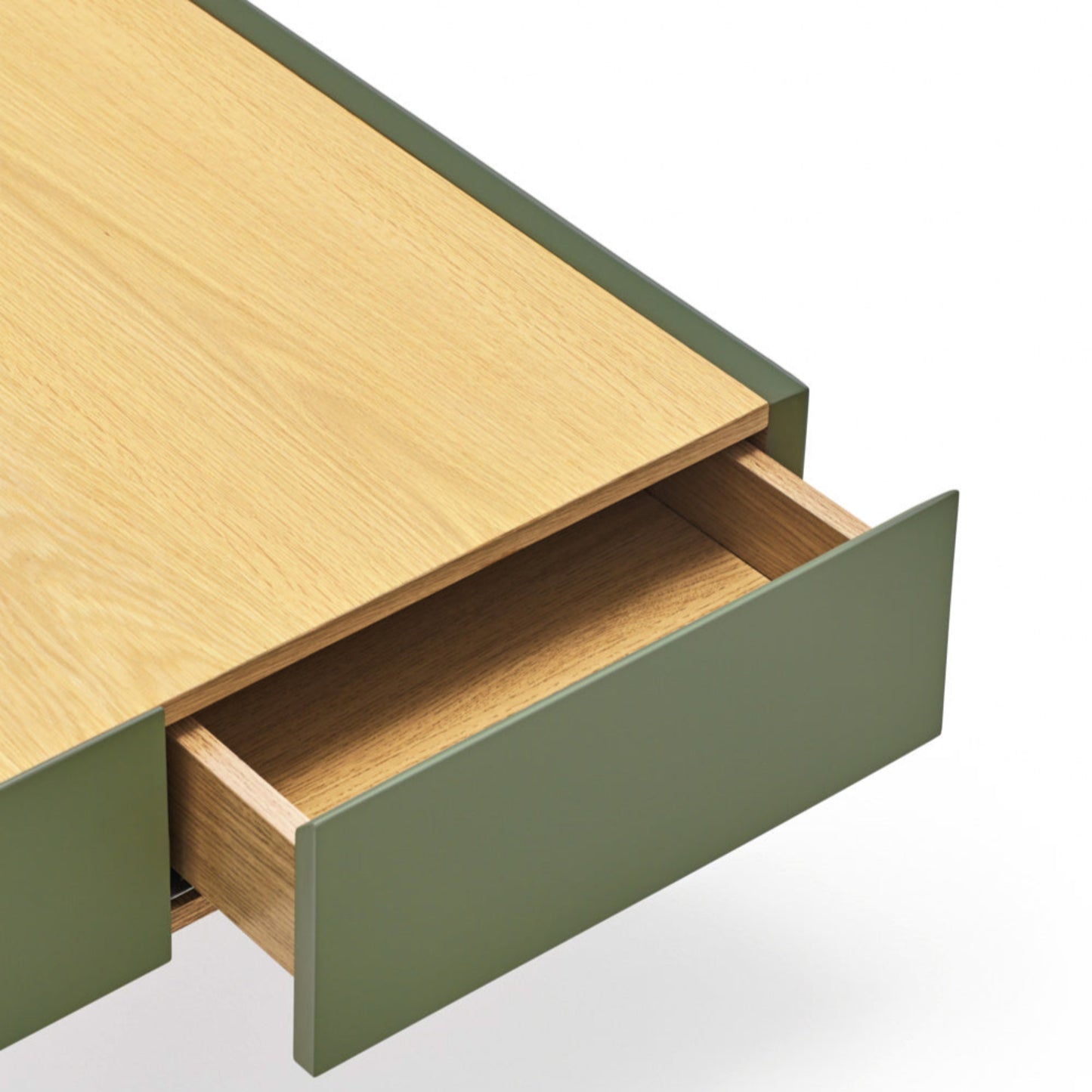 Arista Coffee Table, Rectangular, Two Drawer - Matt Green and Light Oak Finish