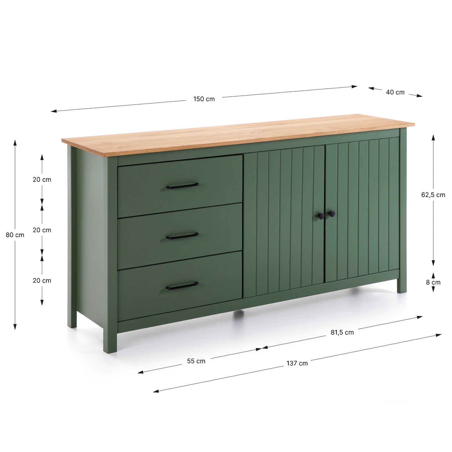 A green wooden sideboard cabinet with three drawers on the left and two shiplap-style doors on the right, shown with dimension arrows and labels indicating measurements.