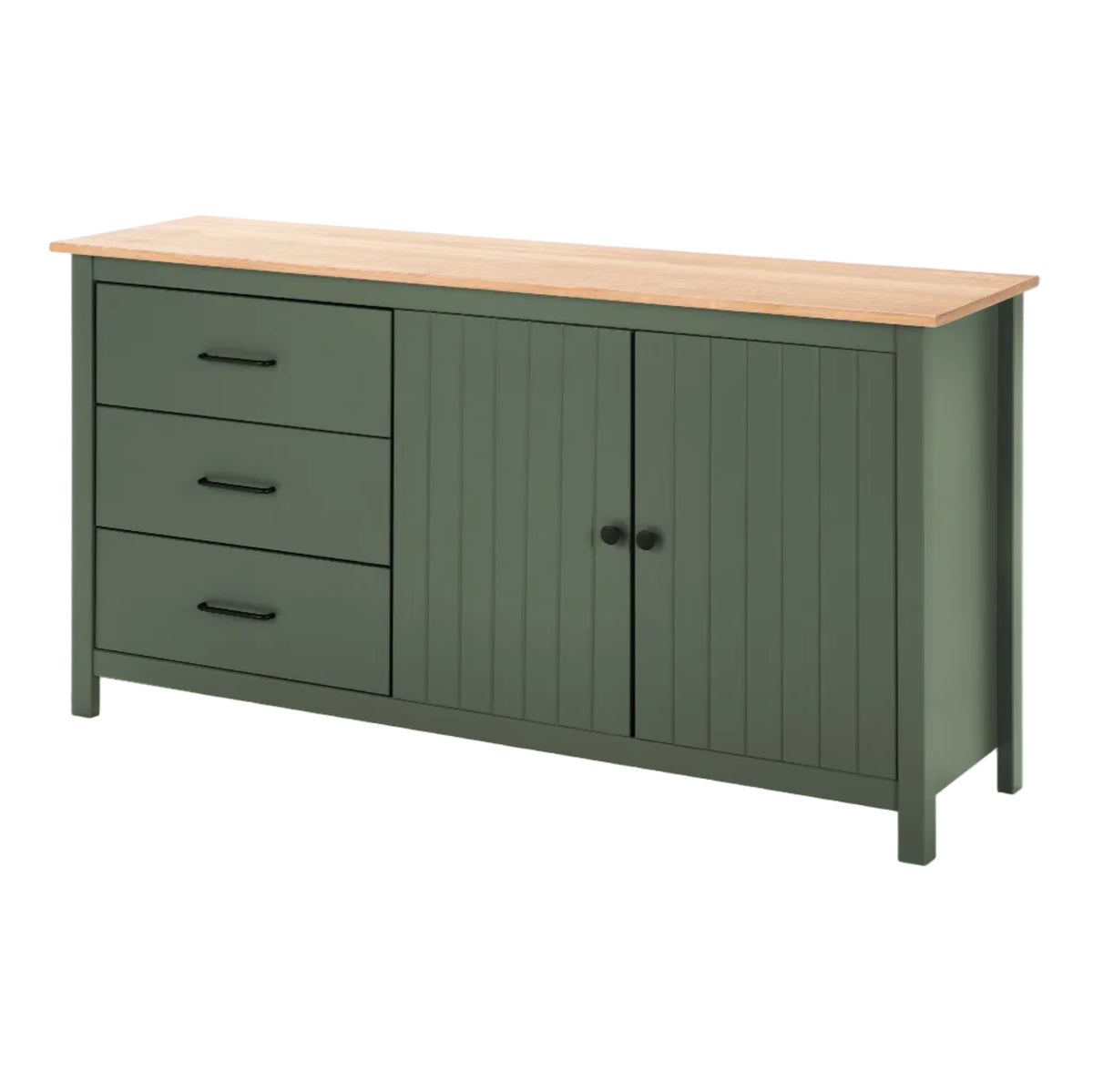 A green wooden sideboard cabinet with three drawers on the left and two shiplap doors on the right, featuring a light natural wood top and black hardware, shown on a white background.