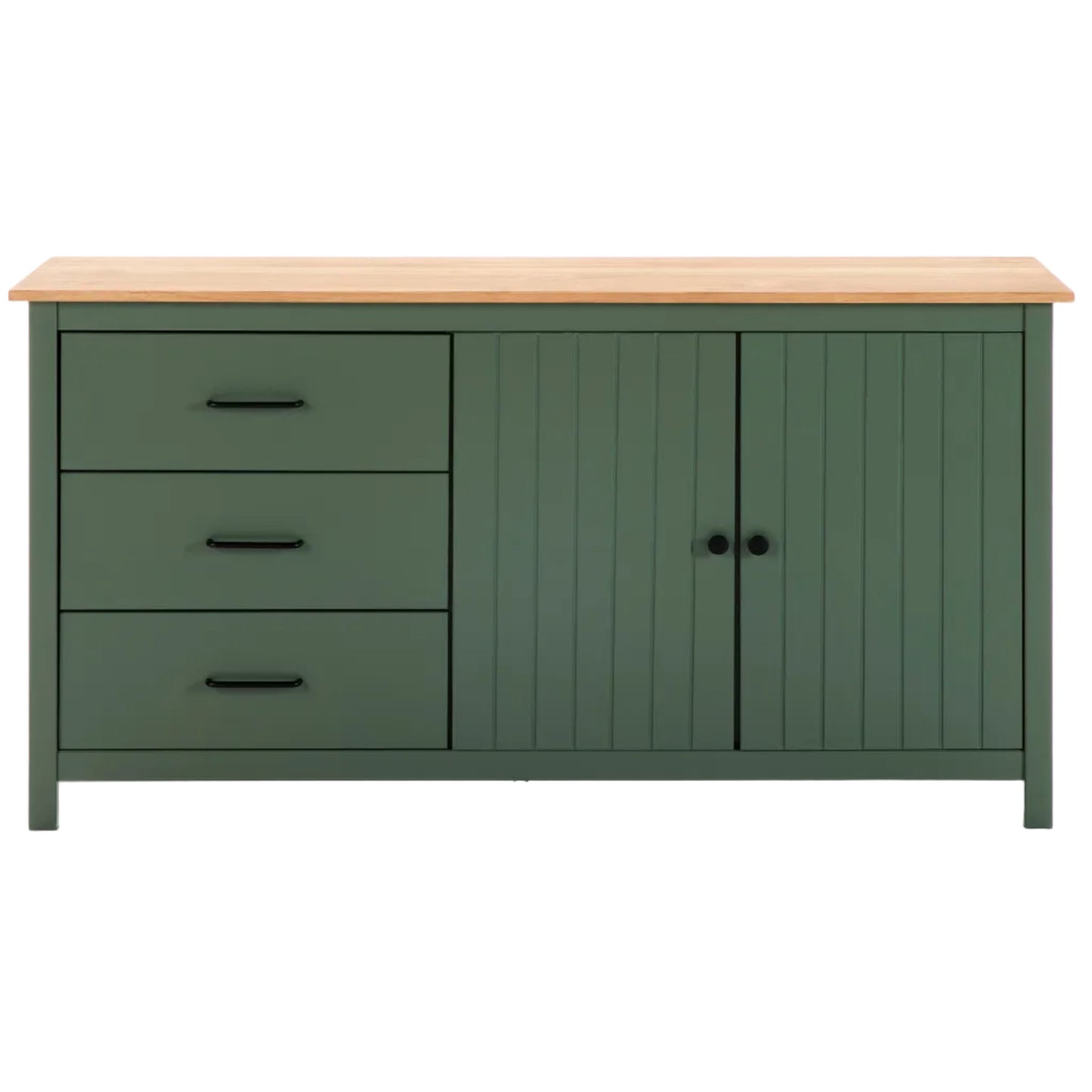 A green sideboard cabinet with a light natural wood top, featuring three drawers on the left and two paneled doors on the right, set against a plain white background.