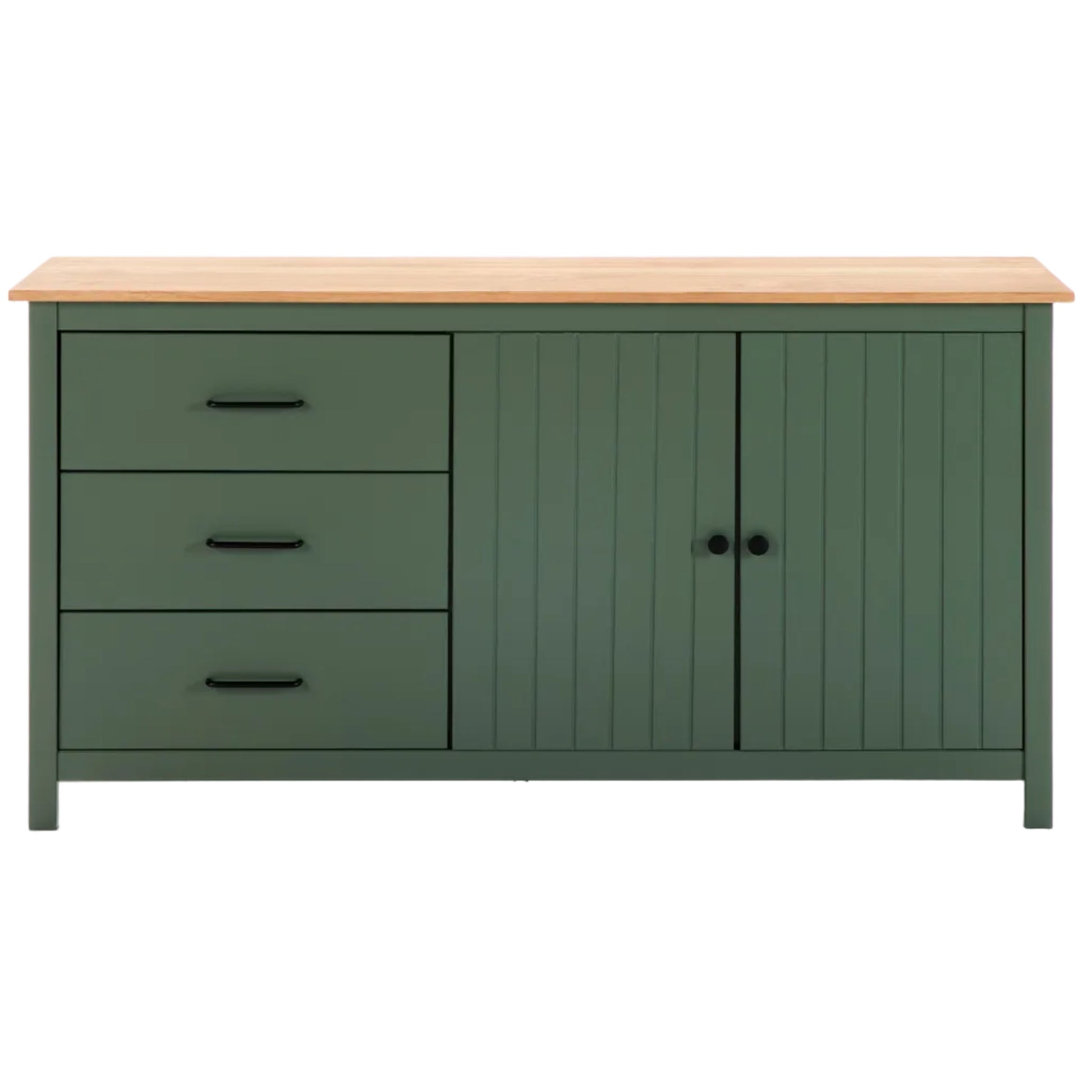 A green sideboard cabinet with a light natural wood top, featuring three drawers on the left and two paneled doors on the right, set against a plain white background.