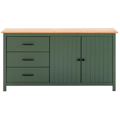 A green sideboard cabinet with a light natural wood top, featuring three drawers on the left and two paneled doors on the right, set against a plain white background.