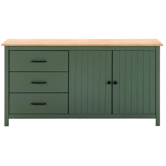 A green sideboard cabinet with a light natural wood top, featuring three drawers on the left and two paneled doors on the right, set against a plain white background.