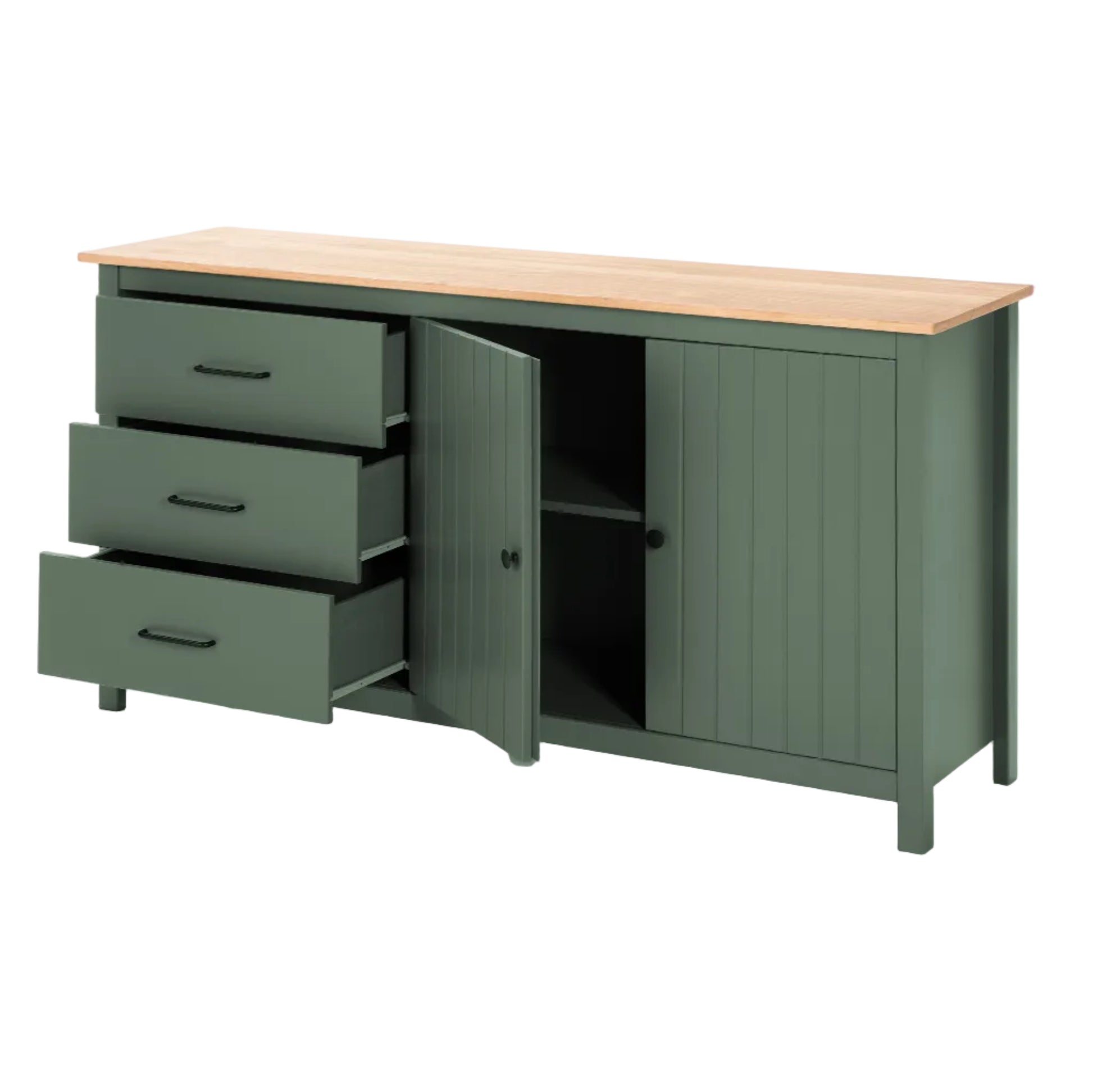 A green wooden storage cabinet with a light wood top, featuring three open drawers on the left, one open door in the center, and a paneled cabinet door on the right.