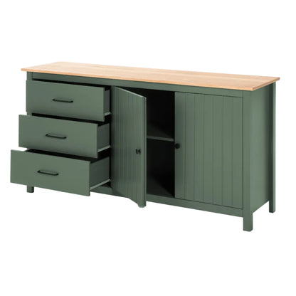 A green wooden storage cabinet with a light wood top, featuring three open drawers on the left, one open door in the center, and a paneled cabinet door on the right.