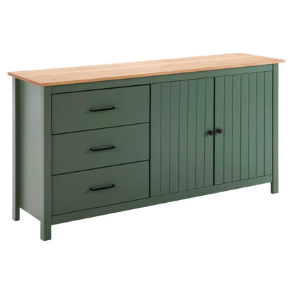 A green wooden sideboard cabinet with three drawers on the left and two shiplap doors on the right, featuring a natural wood top and black hardware, shown on a white background.