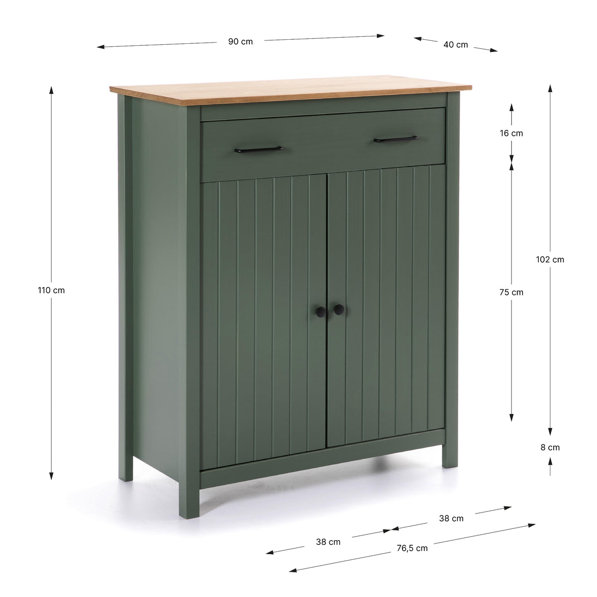 A green wooden cabinet with a light wood top, shown with dimension lines and labels indicating its height, width, and depth measurements.