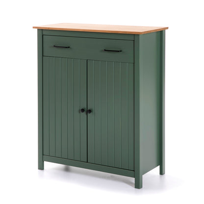 A green wooden storage cabinet with a light natural wood top, featuring two drawers on the upper section and two paneled doors on the lower section, set against a plain white background.