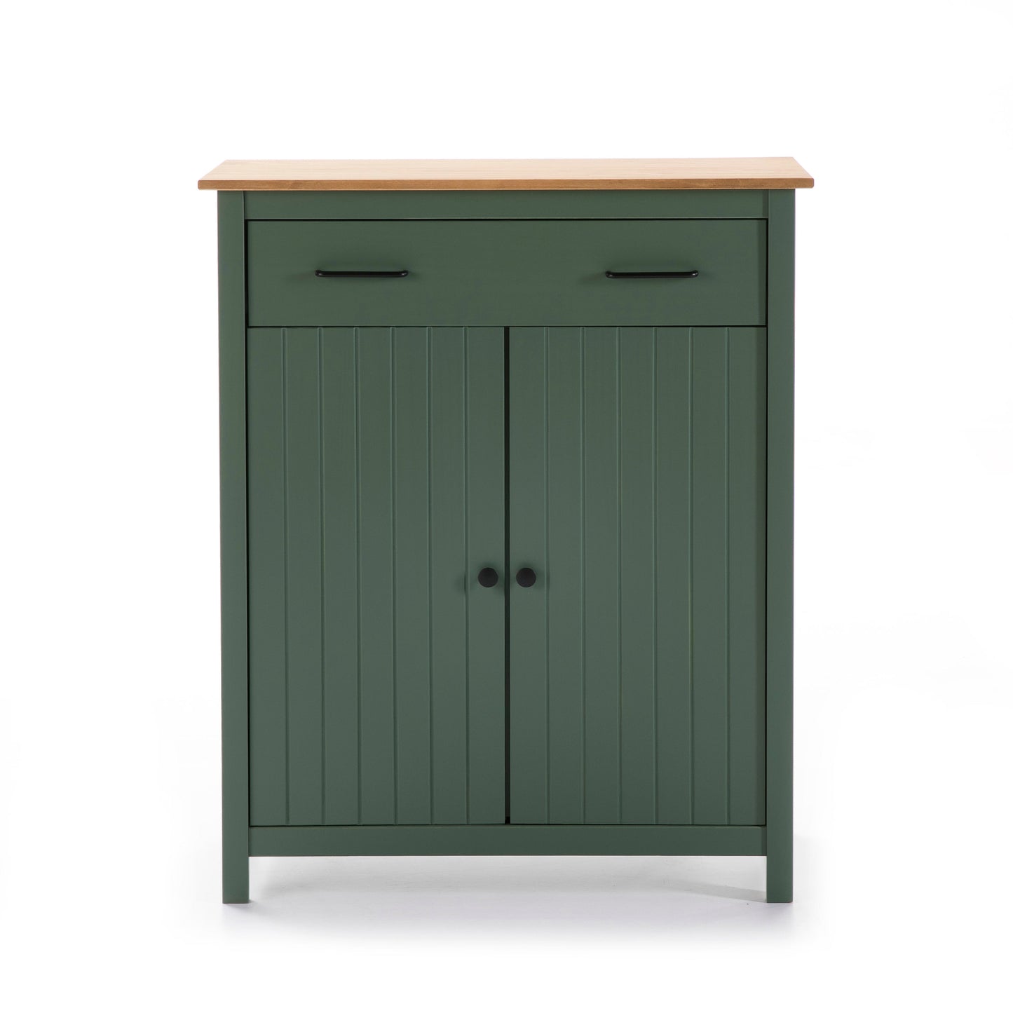 A green wooden storage cabinet with a natural wood top, featuring a single drawer on the upper section with black handles and two paneled doors on the lower section with round black knobs.