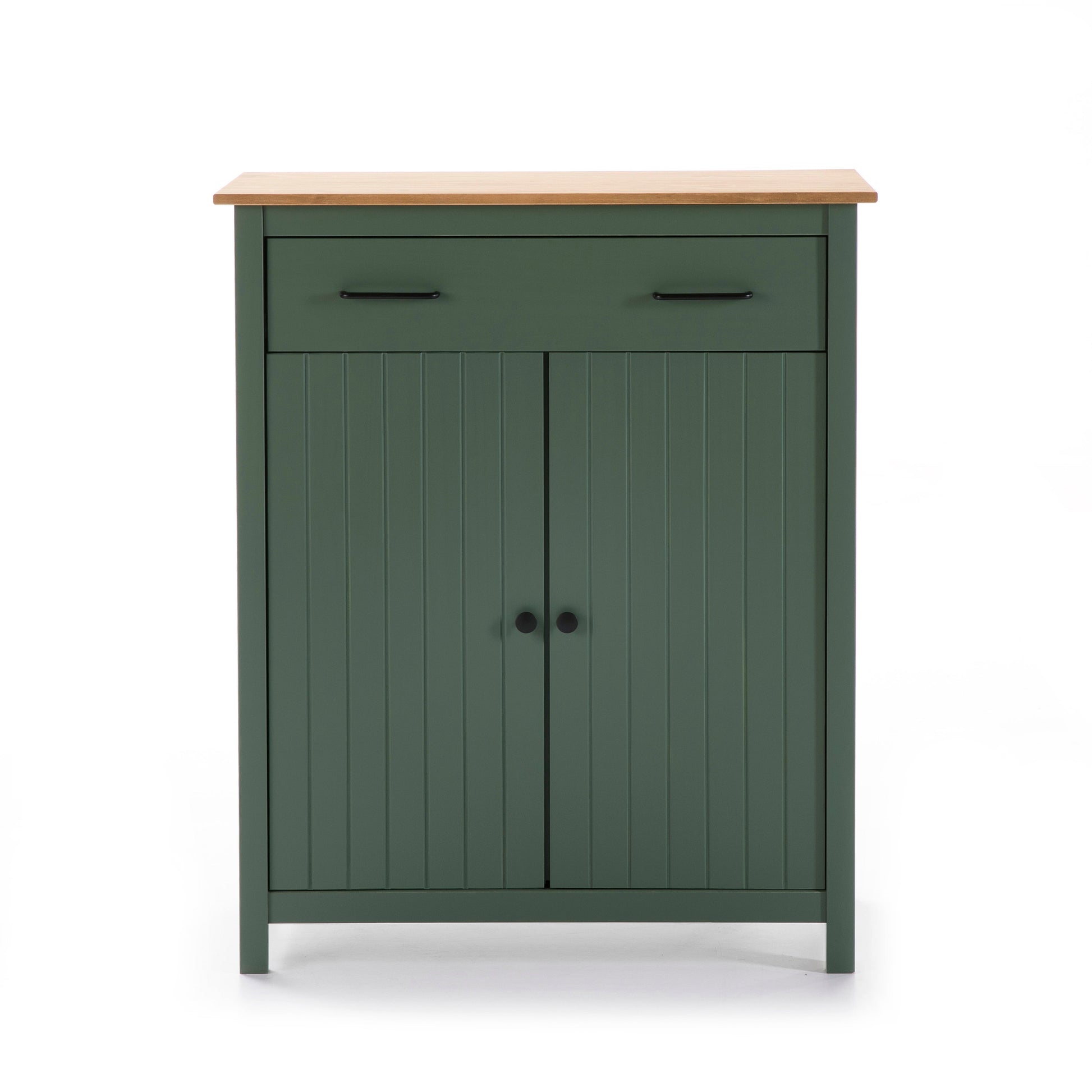 A green wooden storage cabinet with a natural wood top, featuring a single drawer on the upper section with black handles and two paneled doors on the lower section with round black knobs.