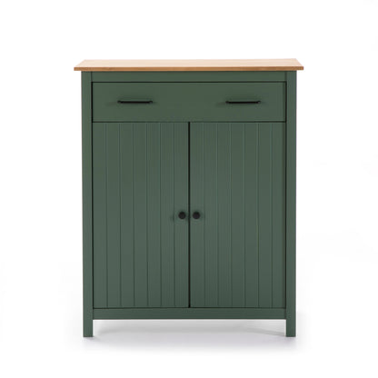A green wooden storage cabinet with a natural wood top, featuring a single drawer on the upper section with black handles and two paneled doors on the lower section with round black knobs.